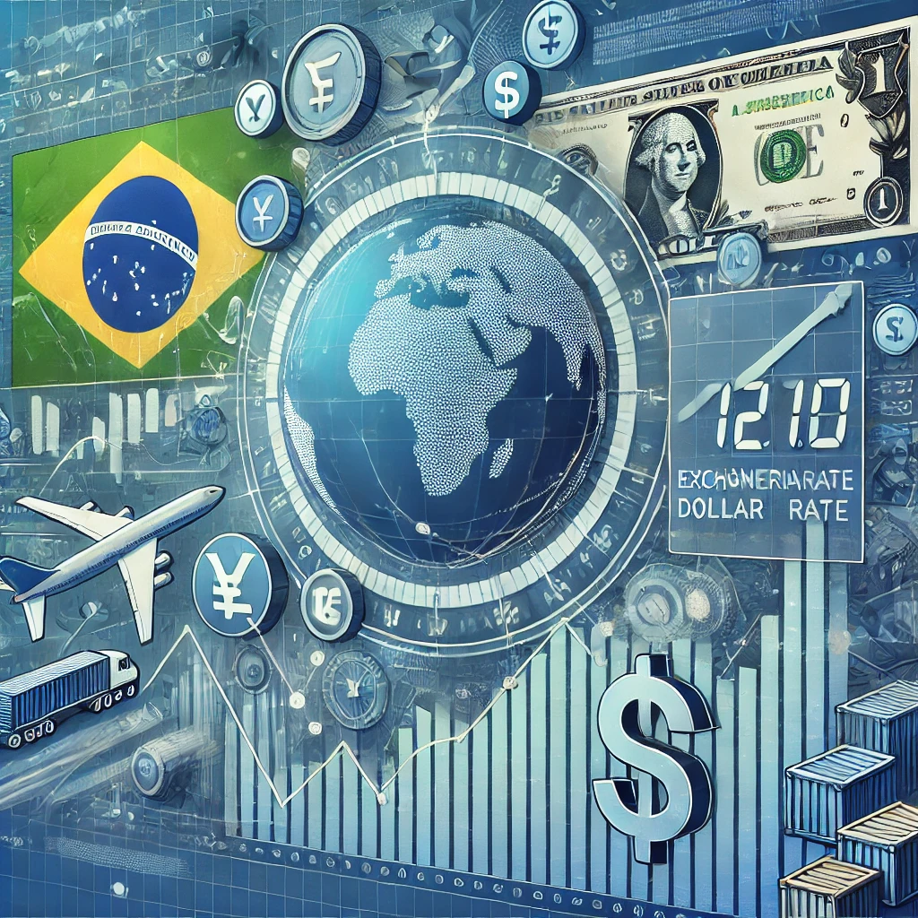 dólar comercial, destacando elementos de finanças e comércio internacional.