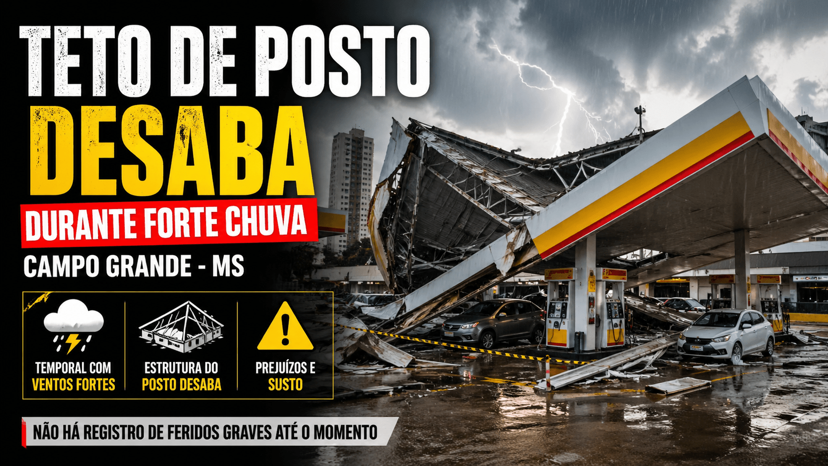 Teto de posto de combustíveis desaba durante forte chuva em Campo Grande