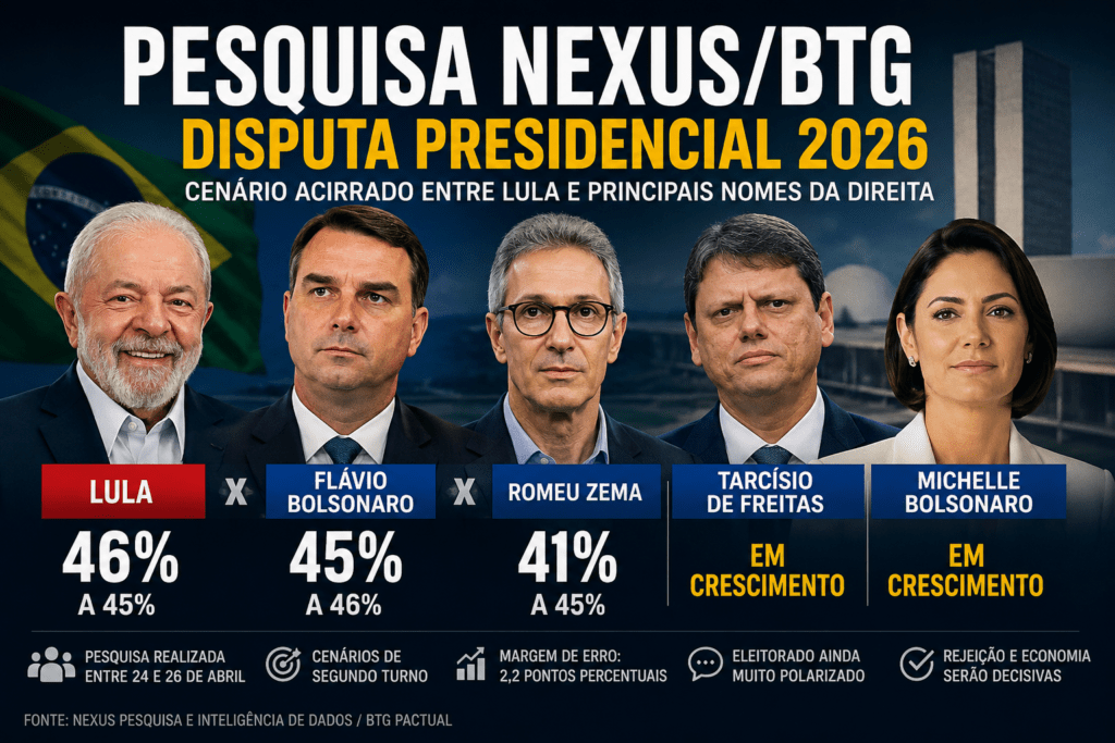 Nova pesquisa Nexus/BTG mostra disputa acirrada entre Lula e direita para 2026