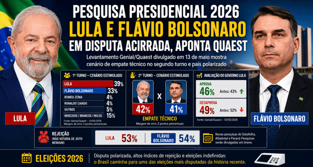 Pesquisa Quaest 2026 mostra disputa acirrada entre Lula e Flávio Bolsonaro