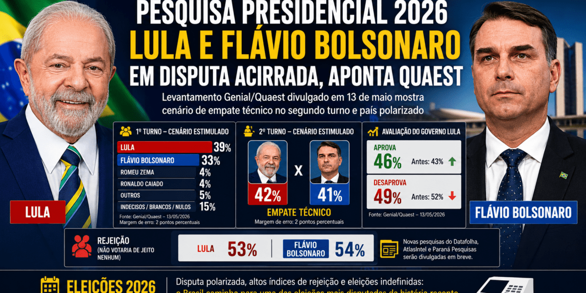 Pesquisa Quaest 2026 mostra disputa acirrada entre Lula e Flávio Bolsonaro