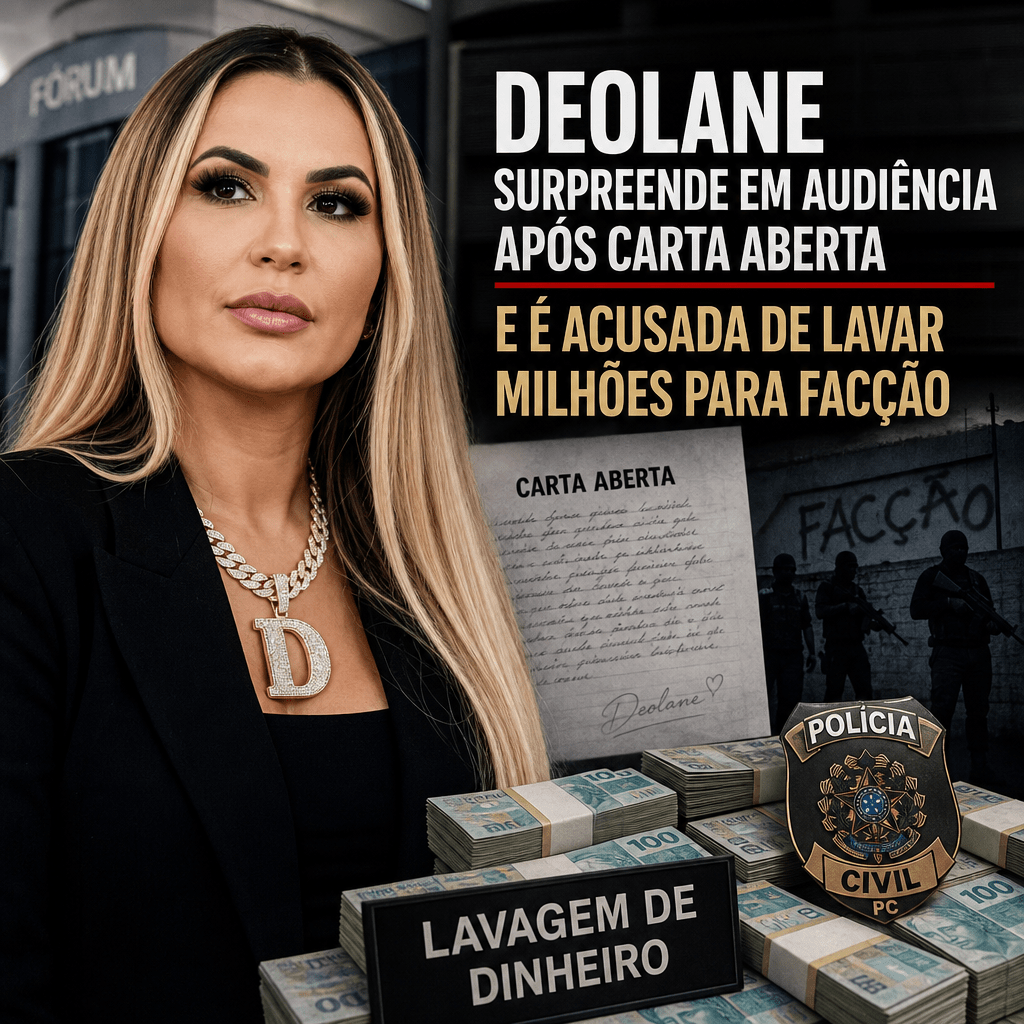 Deolane em audiência, usando óculos escuros e roupa preta, com expressão séria.