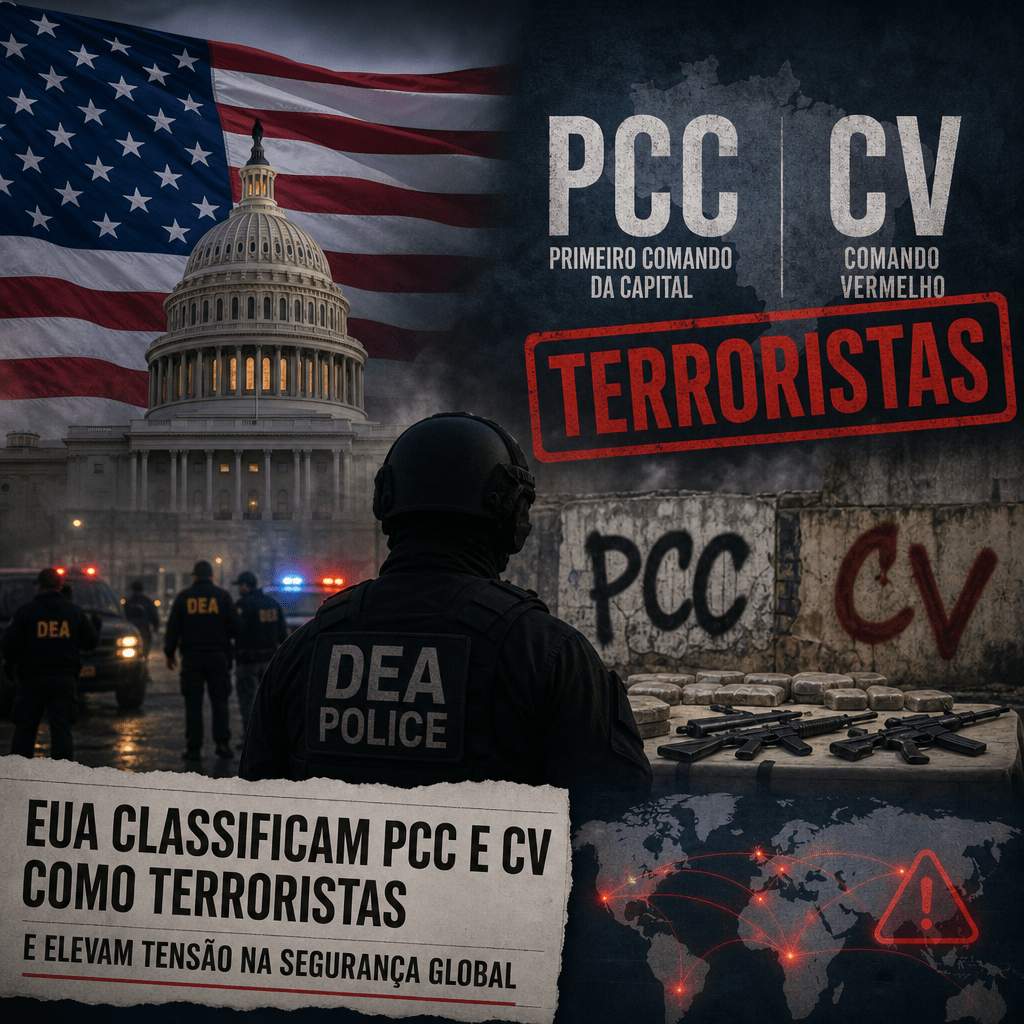 Graphic about U.S. classifying Brazilian groups PCC and CV as terrorists, raising global security tensions