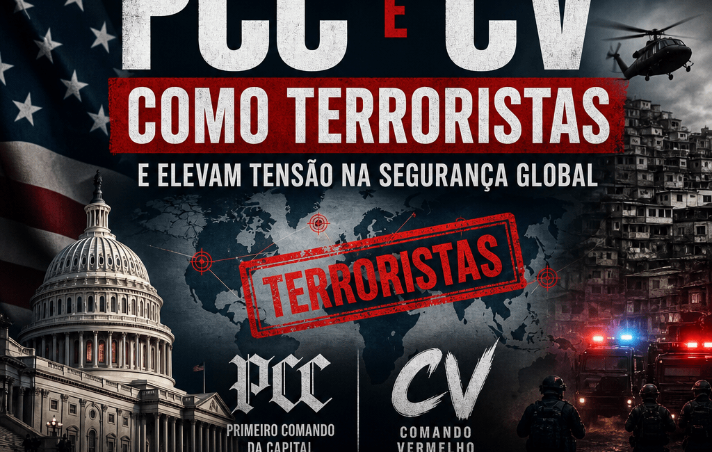 Texto informativo sobre os EUA classificando PCC e CV como grupos terroristas, com tema de segurança global.