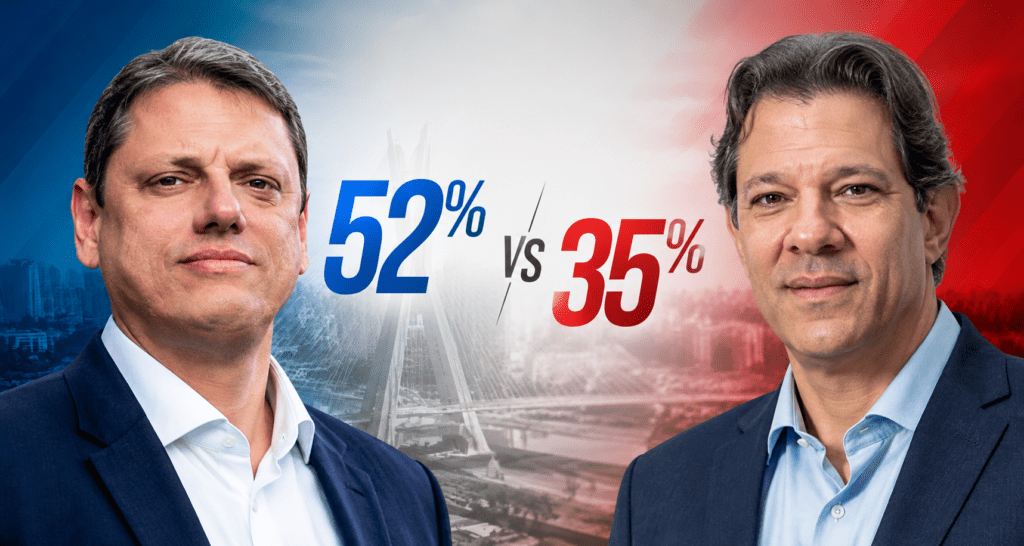 Tarcísio venceria no 1º turno com 52%, enquanto Haddad tem 35%, aponta pesquisa